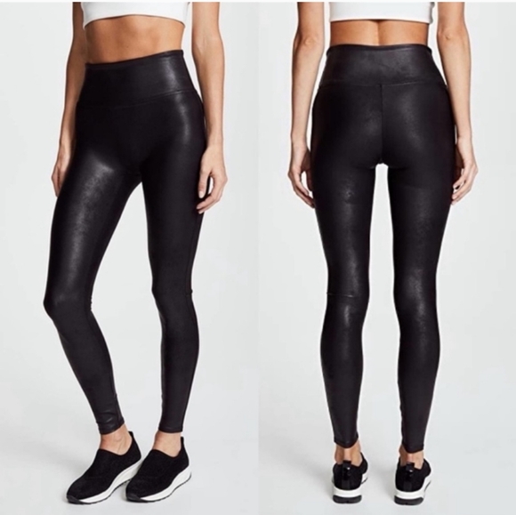 Spanx Faux Leather Moto High Waist Black Leggings Size Large Baddie Active - Picture 1 of 15